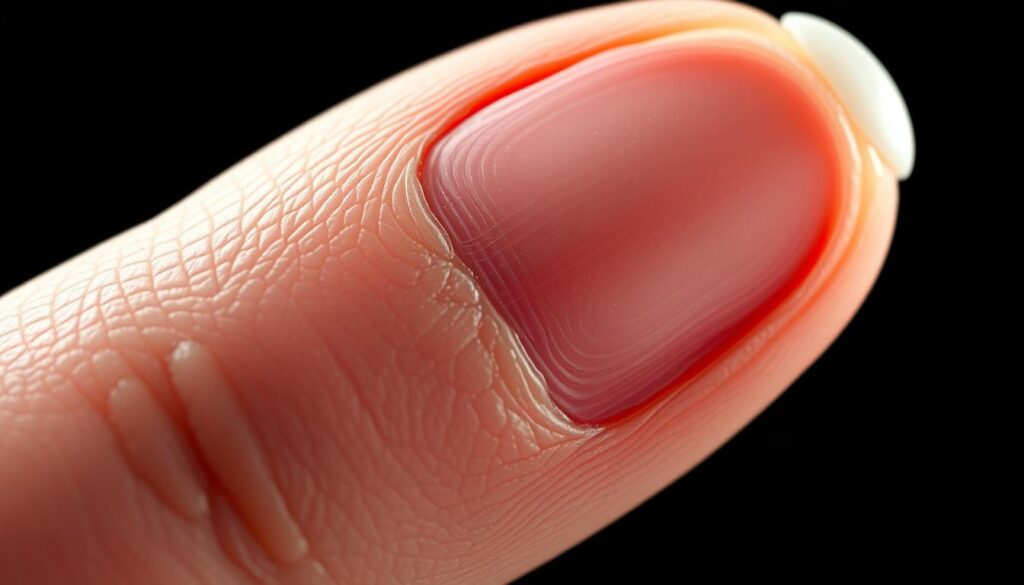 Detailed cross-section of a human fingernail, showcasing the intricate nail matrix and nail bed structure. Crisp, high-resolution rendering with precise anatomical accuracy and attention to fine details. Illuminated from the side to highlight the layered composition, with the nail plate, nail fold, and nail root visible. Depicted in muted, natural tones to convey the scientific nature of the subject matter. Angle slightly tilted to provide a clear, informative view of the nail's internal architecture. Rendered with a photorealistic style that seamlessly blends technical precision with aesthetic appeal. Detailed cross-section of a human fingernail, showcasing the intricate nail matrix and nail bed structure. Crisp, high-resolution rendering with precise anatomical accuracy and attention to fine details. Illuminated from the side to highlight the layered composition, with the nail plate, nail fold, and nail root visible. Depicted in muted, natural tones to convey the scientific nature of the subject matter. Angle slightly tilted to provide a clear, informative view of the nail's internal architecture. Rendered with a photorealistic style that seamlessly blends technical precision with aesthetic appeal.