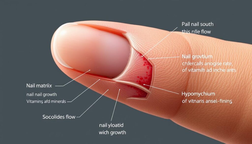 Detailed cross-section of human fingernail, showcasing the underlying anatomical structures that influence nail growth. Crisp, photorealistic rendering with muted color palette and soft directional lighting from the side, emphasizing texture and depth. Prominently featured are the nail matrix, nail plate, nail bed, and hyponychium, along with key factors such as blood flow, nail-growth rate, and the impact of vitamins and minerals. Neutral background allows the subject to be the central focus. Precise, scientific illustration style suitable for educational use.