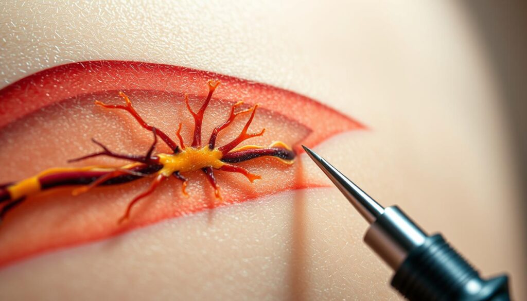 Detailed cross-section of nerve endings within the skin, with a tattooing process unfolding in the foreground. Translucent layers reveal the intricate network of nerves, blood vessels, and connective tissue. The needle pierces the epidermis, creating a visually striking contrast between the delicate organic structure and the mechanical tattoo equipment. Soft, natural lighting illuminates the scene, casting subtle shadows and highlights to accentuate the textures. The composition emphasizes the vulnerability and sensitivity of the skin, heightening the sense of the tattoo experience. A sense of tension and tactile sensation permeates the image, inviting the viewer to contemplate the physical and sensory aspects of the tattoo process.