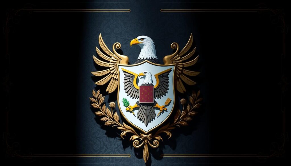 Detailed, heraldic illustration of the Roosevelt family crest. Centered composition with the shield design in the foreground, prominently displayed against a dark, ornate background. The shield features a prominent bald eagle, talons gripping arrows and olive branch, symbolizing the strength and values of the Roosevelt family. Intricate, gold-accented design elements around the shield, such as scrollwork, foliage, and heraldic insignia, adding a sense of history and tradition. Dramatic lighting casts deep shadows, creating a majestic, authoritative atmosphere befitting the distinguished presidential lineage.