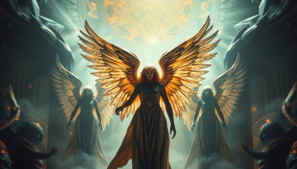Detailed, intricate depiction of biblically accurate angels in a mystical, otherworldly setting. Ethereal, multiwinged entities with eyes and faces across their bodies, surrounded by celestial radiance and geometric patterns. Dramatic lighting casting dramatic shadows, evoking a sense of awe and divine presence. Figures positioned in a dynamic, layered composition, the foreground angels in sharp focus, the background fading into a hazy, glowing realm. Subtle textures and shimmering details throughout, contributing to an atmosphere of transcendent, unearthly beauty.