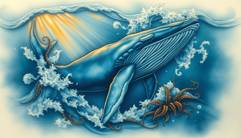 Detailed ocean tattoo design in an intricate, realistic style. A large, majestic blue whale surrounded by swirling ocean waves and currents. Shafts of warm, golden light pierce through the deep blue waters, illuminating the whale's massive form. Delicate, organic tendrils of kelp and seaweed flow gracefully in the current. Subtle textures and a sense of depth and movement throughout the composition. Composition focused on the center, with the background fading into soft, hazy blues. Crisp, high-resolution details with a painterly, lifelike quality.