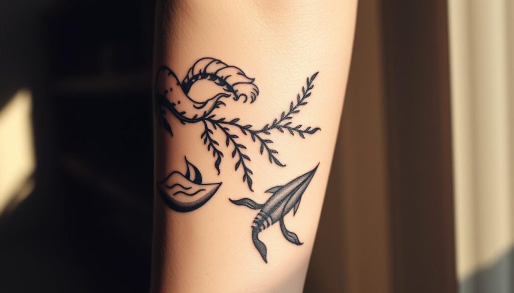 Detailed ocean tattoo designs in a minimalistic, black and white style. Elegant wave patterns, flowing kelp, and intricate sea creature silhouettes fill the frame. Highlighted by soft, natural lighting with a warm, earthy tone. The tattoos are positioned on the forearm, capturing the cultural significance of ocean imagery as a symbol of power, serenity, and connection to the natural world. Subtle textures and gradients create depth and dimension, resulting in a visually striking yet thoughtful piece of body art.