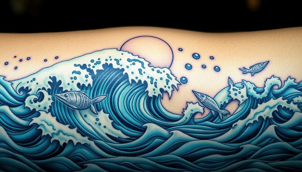 Detailed ocean tattoo designs with intricate waves, swirling currents, and marine life. A central focal point showcasing a dramatic seascape, with mesmerizing patterns and textures. Shimmering highlights and deep, moody tones evoke the power and mystery of the open water. Sweeping panoramic view with a sense of movement and fluidity. Minimalist yet impactful, the tattoo art captures the essence of the ocean's captivating allure. Captured through a high-resolution lens with a shallow depth of field, emphasizing the delicate linework and subtle gradients.