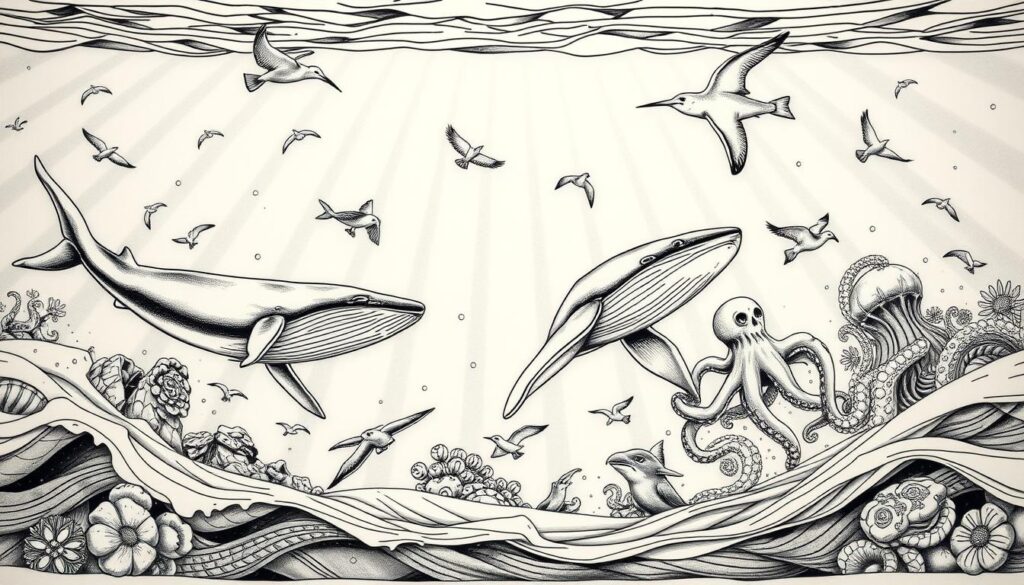 Detailed, realistic ocean tattoo designs with intricate line work and shading, featuring a variety of marine life such as whales, sharks, octopuses, and seabirds in a harmonious underwater scene. The tattoos have a bold, high-contrast style with a sense of movement and depth, set against a backdrop of gently rippling waves and shafts of sunlight filtering through the water. The overall composition has a contemplative, almost meditative quality, evoking the power and tranquility of the ocean. Crisp, high-resolution details with a photorealistic aesthetic.