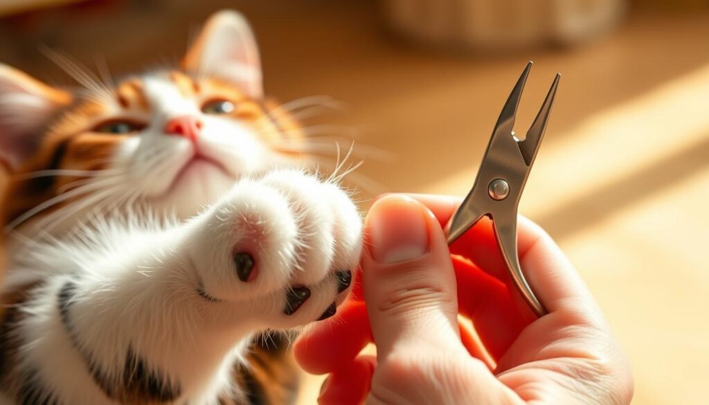 Detailed step-by-step illustration of trimming cat nails. A calico cat's paws are shown in close-up, with the nails extended. In the foreground, a human hand gently holds the paw, exposing the nails. The middle ground features sharp, stainless steel nail clippers poised to trim the nails. The background is a soft, out-of-focus environment, conveying a sense of care and attention. Warm, natural lighting illuminates the scene, creating a soothing, educational atmosphere. The composition emphasizes the delicate process, inviting the viewer to learn the proper technique for trimming a cat's nails safely and effectively. Detailed step-by-step illustration of trimming cat nails. A calico cat's paws are shown in close-up, with the nails extended. In the foreground, a human hand gently holds the paw, exposing the nails. The middle ground features sharp, stainless steel nail clippers poised to trim the nails. The background is a soft, out-of-focus environment, conveying a sense of care and attention. Warm, natural lighting illuminates the scene, creating a soothing, educational atmosphere. The composition emphasizes the delicate process, inviting the viewer to learn the proper technique for trimming a cat's nails safely and effectively.