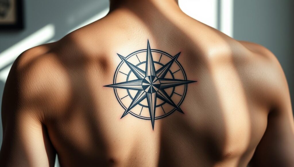 Detailed tattoo design featuring a stylized compass rose with intricate linework and shading, showcasing factors that affect tattoo placement on the human body. The design is depicted on a photo-realistic torso, with the focal point being the upper back and shoulder area. Soft natural lighting casts subtle shadows, highlighting the contours of the muscles and skin. The overall mood is one of artistic elegance and technical precision, conveying the thoughtful considerations involved in tattoo placement and pricing.
