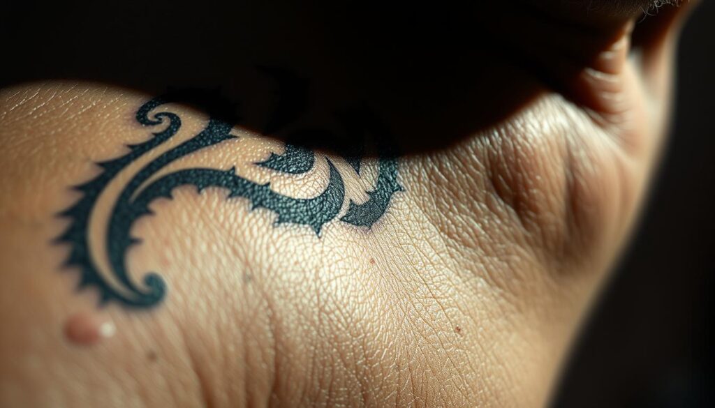 Detailed tattoo on aged skin, close-up view. Faded ink, blurred edges, uneven pigmentation. Weathered, leathery texture with fine wrinkles and age spots. Dramatic side lighting casts deep shadows, emphasizing the worn, time-worn appearance. Muted, desaturated color palette evokes a sense of passage of time. Gritty, realistic rendering captures the gradual degradation of a once-vibrant tattoo design. Subtle textures and imperfections give the image an authentic, documentary-style aesthetic.