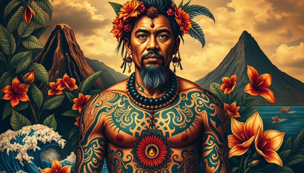 Detailed traditional Hawaiian tattoo heritage artwork, showcasing the rich cultural symbolism and intricate patterns. Vibrant colors and bold lines depict the spiritual and ancestral significance of these ancient body markings. A central figure with ornate tribal designs on their skin, surrounded by lush tropical foliage and elements of Hawaiian natural landscape - volcanic mountains, ocean waves, and endemic flora. Warm, muted lighting captures the reverence and timelessness of this meaningful cultural tradition. Realistic, photographic style with a sense of depth and dimension.