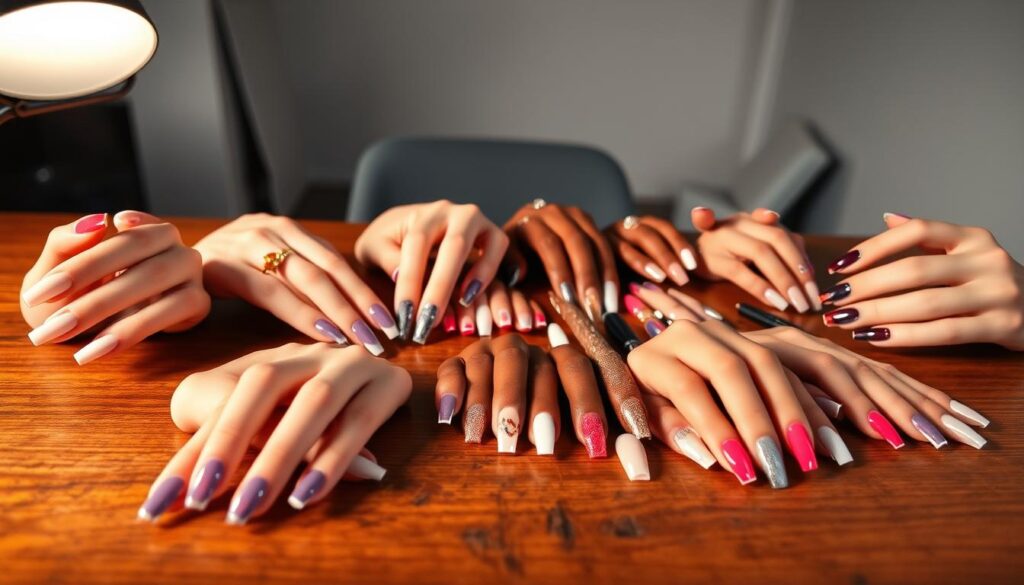 Diverse manicure designs arranged artfully on a stylish wooden table, showcasing a range of nail shapes, colors, and textures. In the foreground, close-up shots of elegant french tips, bold colors, and intricate nail art. In the middle ground, a variety of manicured hands displaying different styles, from classic nudes to vibrant shimmer. The background features a minimalist, well-lit studio setting, accentuating the beauty and attention to detail of the various manicure techniques. The overall mood is one of refinement, creativity, and the delight of exploring the diverse world of nail care. Diverse manicure designs arranged artfully on a stylish wooden table, showcasing a range of nail shapes, colors, and textures. In the foreground, close-up shots of elegant french tips, bold colors, and intricate nail art. In the middle ground, a variety of manicured hands displaying different styles, from classic nudes to vibrant shimmer. The background features a minimalist, well-lit studio setting, accentuating the beauty and attention to detail of the various manicure techniques. The overall mood is one of refinement, creativity, and the delight of exploring the diverse world of nail care.