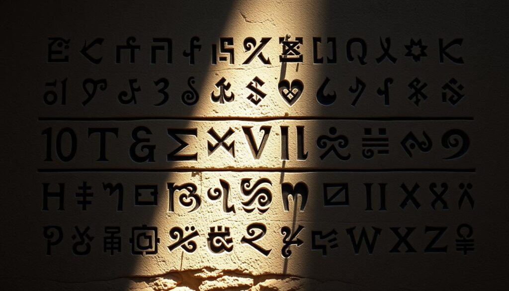 Elegant Norse runes arranged in a visually striking design. The ancient alphabet carved into a weathered stone slab, backlit by a soft, ethereal glow. Intricate symbols and glyphs cast long shadows, creating a sense of mystery and timeless wisdom. The composition is balanced and symmetrical, drawing the eye to the center of the frame. The overall mood is one of reverence and historical significance, perfectly capturing the symbolic power of these iconic Viking designs.