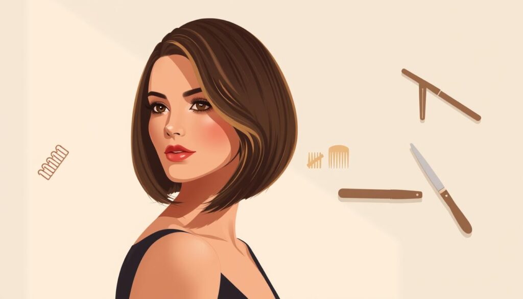 Elegant bob haircut styling tips, showcased in a stylized, minimalist illustration. In the foreground, a chic female model with a sleek, shoulder-length bob hairstyle, styled with soft waves and a sophisticated side part. Lighting is soft and diffused, creating a warm, inviting atmosphere. The middle ground features various hair accessories and styling tools, such as hair clips, combs, and a curling iron, hinting at the versatility of the bob cut. The background is a clean, monochromatic palette, allowing the focus to remain on the model and the styling elements. The overall aesthetic is refined, visually appealing, and reflective of the "Inspiring Bob Haircut Resources" section. Elegant bob haircut styling tips, showcased in a stylized, minimalist illustration. In the foreground, a chic female model with a sleek, shoulder-length bob hairstyle, styled with soft waves and a sophisticated side part. Lighting is soft and diffused, creating a warm, inviting atmosphere. The middle ground features various hair accessories and styling tools, such as hair clips, combs, and a curling iron, hinting at the versatility of the bob cut. The background is a clean, monochromatic palette, allowing the focus to remain on the model and the styling elements. The overall aesthetic is refined, visually appealing, and reflective of the "Inspiring Bob Haircut Resources" section.