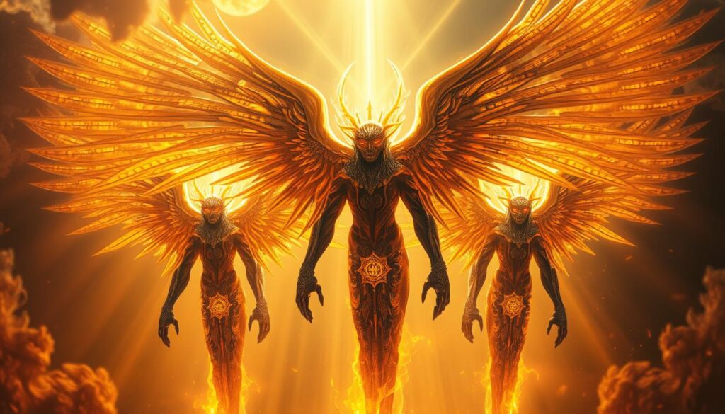 Ethereal wings unfurling, celestial beings bathed in radiant light. Towering, otherworldly forms with eyes of fire and faces shimmering with unearthly beauty. Intricately detailed, divinely-inspired creatures with multiple wings and limbs, hovering amidst a luminous, otherworldly landscape. Warm, golden illumination cascading down, casting an aura of sacred mystery. Symmetrical, geometric patterns and sacred symbols etched into the figures, reflecting the divine essence. Powerful, transcendent entities imbued with a sense of ancient, biblical grandeur.