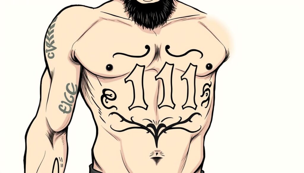 Generate an image of MC Ride's '111' stomach tattoo.