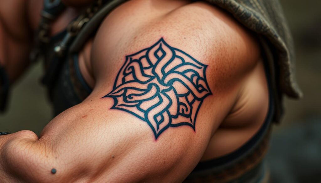 Generate an image of a Celtic Ailm symbol tattoo on a warrior's arm.