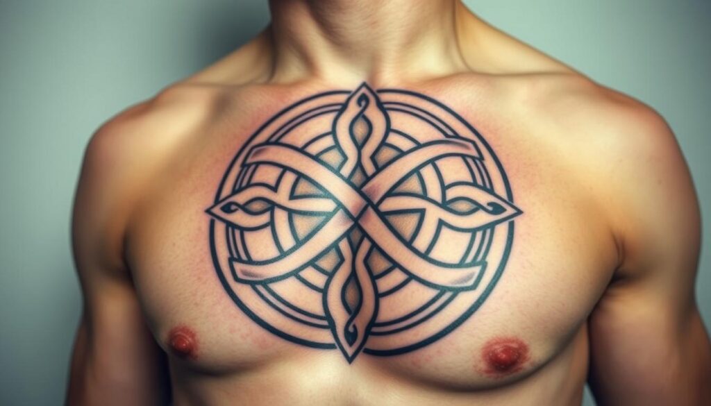 Generate an image of a Celtic Shield Knot tattoo on the chest.