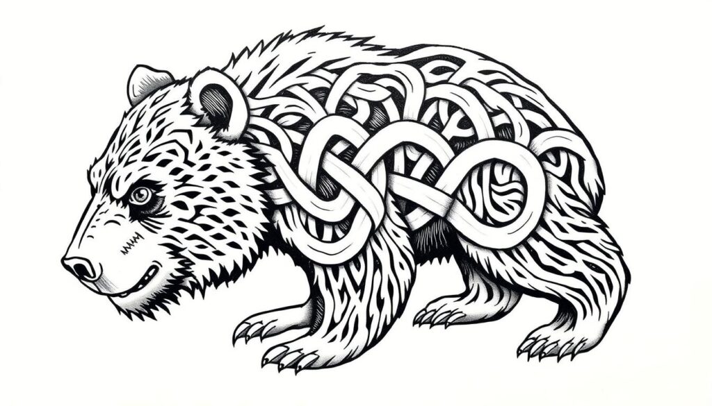Generate an image of a Celtic bear tattoo, symbolizing courage and fearlessness.