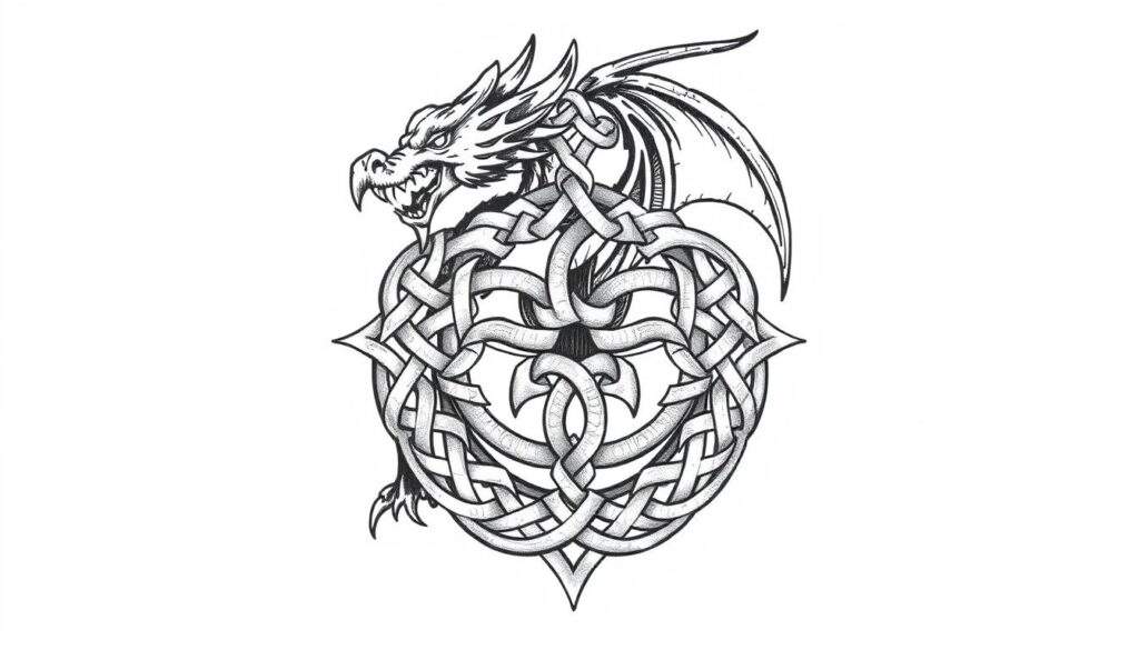 Generate an image of a Celtic dragon tattoo design featuring intricate knotwork and a circular ouroboros style.