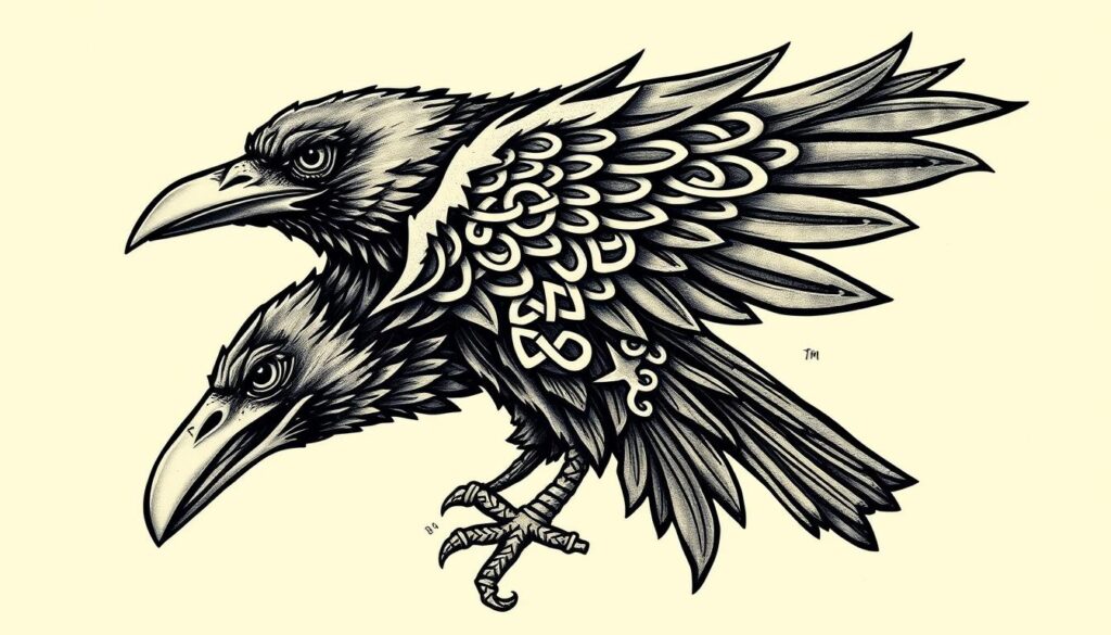 Generate an image of a Celtic raven tattoo, symbolizing wisdom and foresight.