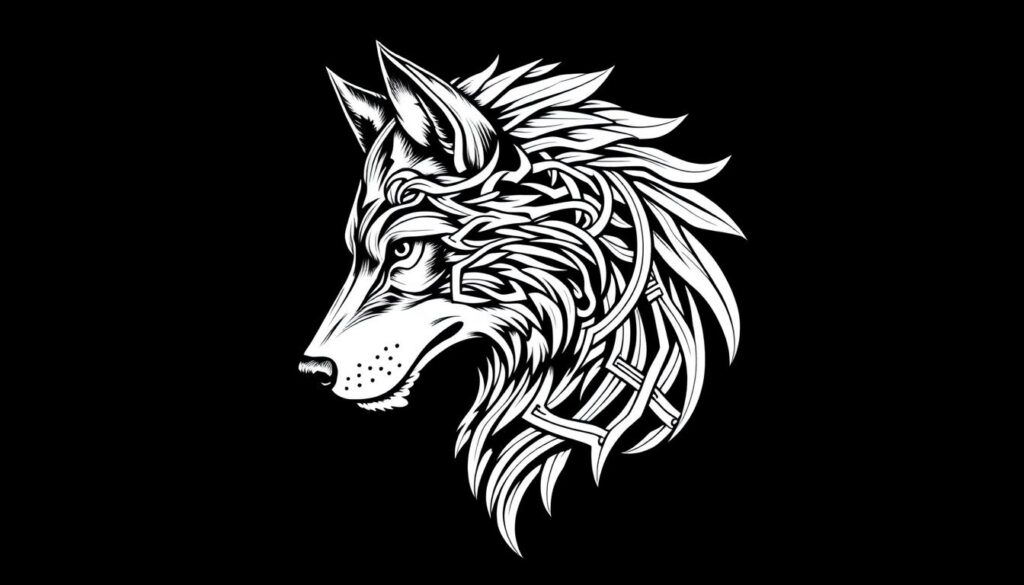 Generate an image of a Celtic wolf tattoo, representing power and loyalty.