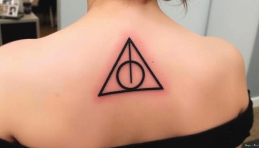 Generate an image of a Harry Potter inspired book tattoo with a minimalist design incorporating the Deathly Hallows symbol.