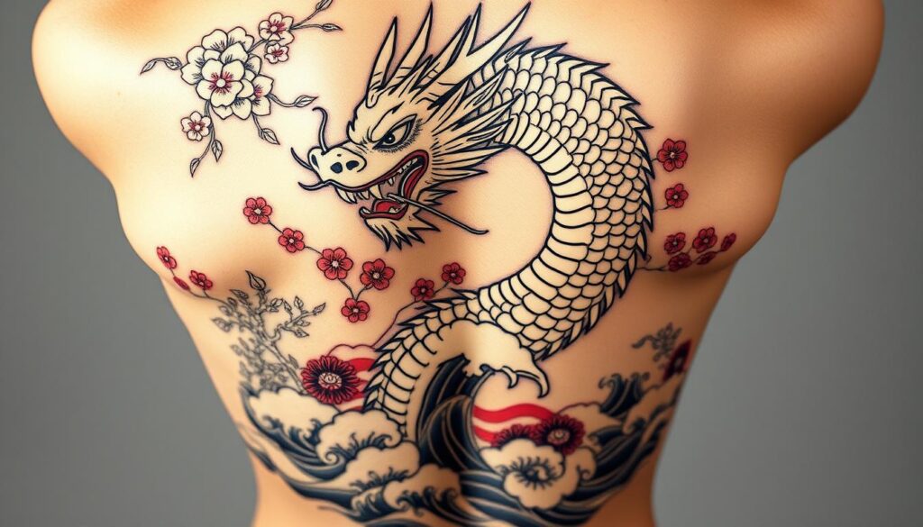 Generate an image of a Japanese-inspired back tattoo design featuring a dragon