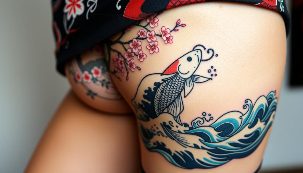 Generate an image of a Japanese-inspired thigh tattoo featuring a combination of traditional motifs.