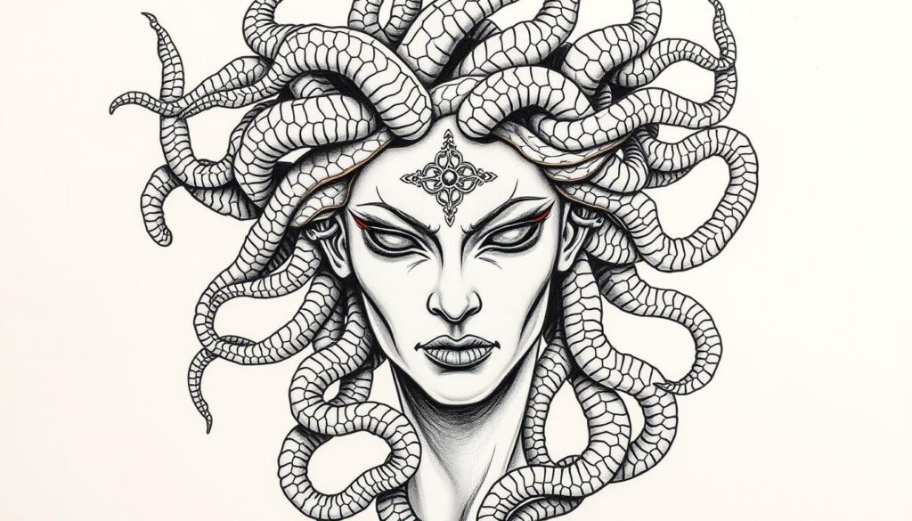 Generate an image of a Medusa tattoo design.