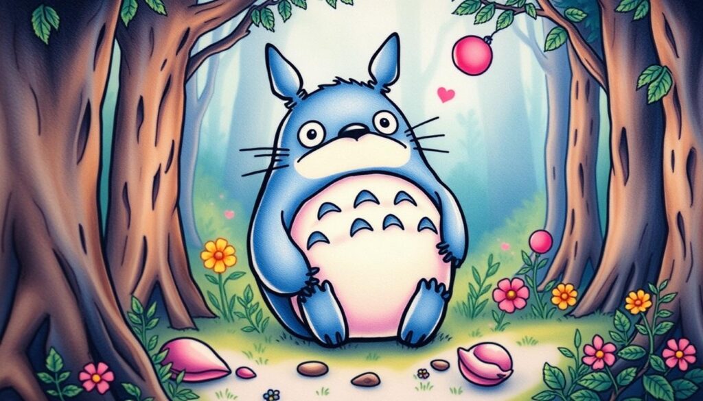 Generate an image of a Studio Ghibli-inspired tattoo featuring Totoro
