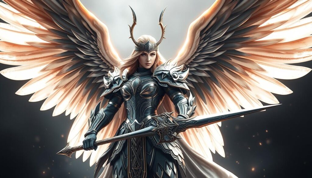 Generate an image of a Valkyrie in armor, with wings and a sword, representing female power and prestige.