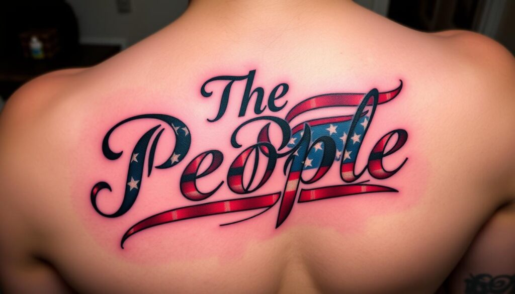 Generate an image of a We The People tattoo with an integrated American flag design.