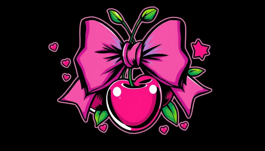Generate an image of a Y2K-inspired baddie tattoo featuring bows and cherries.