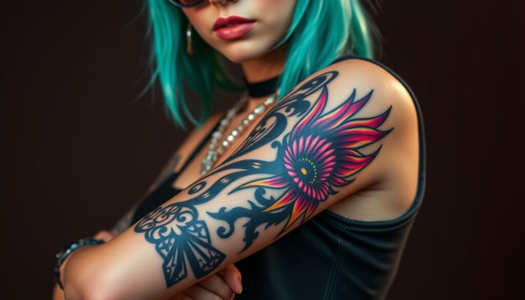 Generate an image of a baddie with a flash tattoo design on their arm.