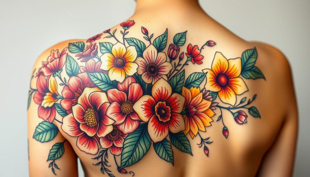 Generate an image of a beautiful floral back shoulder tattoo.