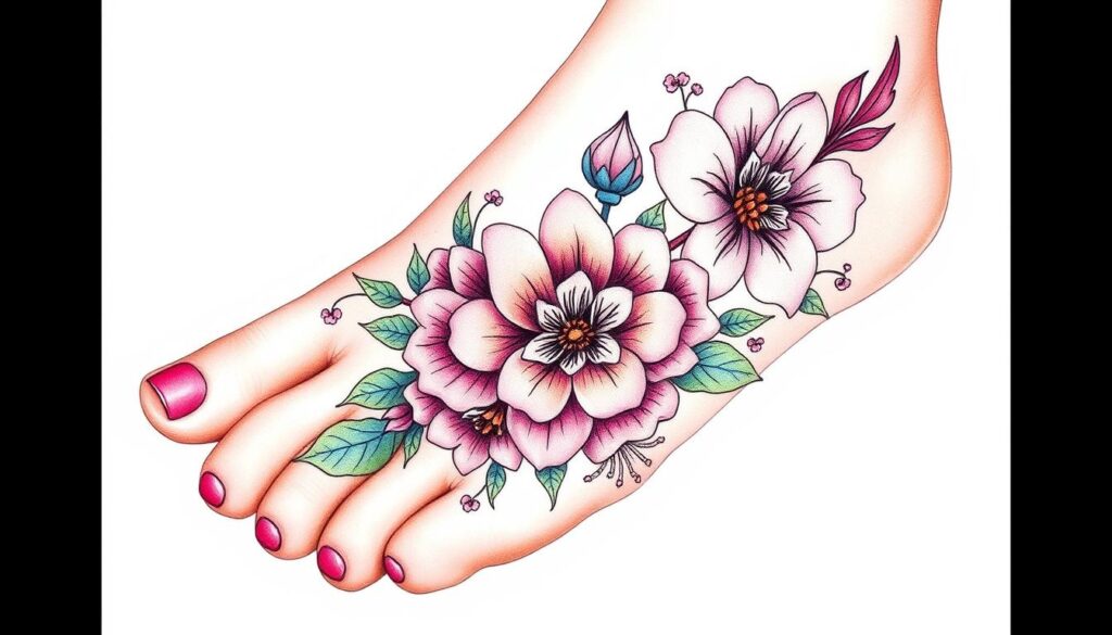 Generate an image of a beautiful floral foot tattoo design.