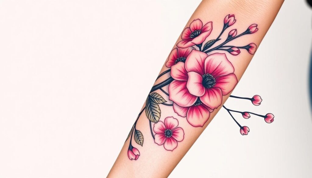 Generate an image of a beautiful floral tattoo design on the forearm, incorporating roses and cherry blossoms.