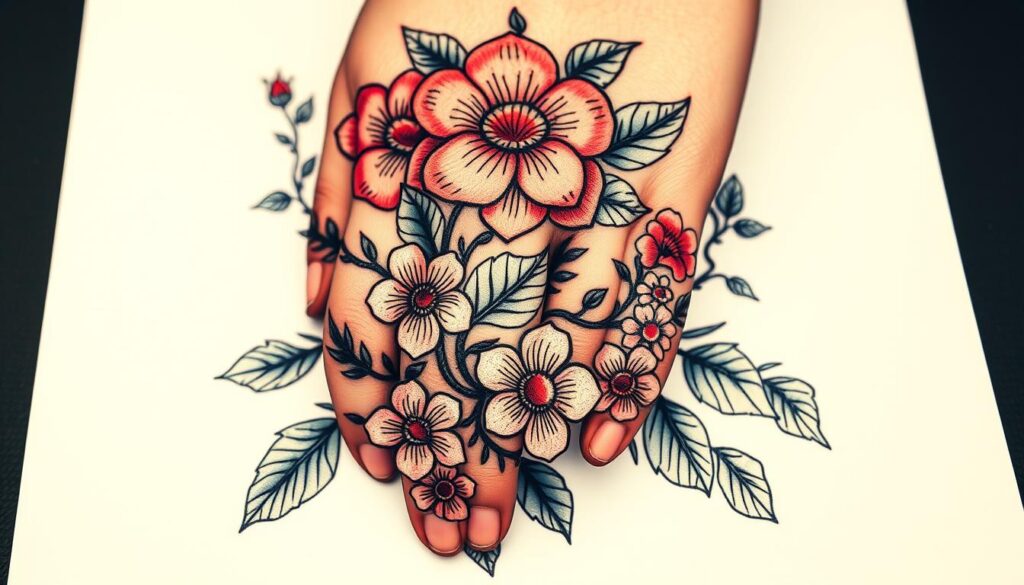 Generate an image of a beautiful flower hand tattoo with leaves and vines.