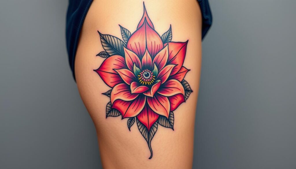 Generate an image of a beautiful flower thigh tattoo design.