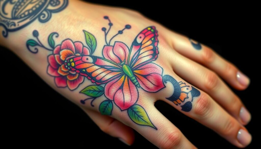 Generate an image of a beautiful hand tattoo featuring a flower with a butterfly.