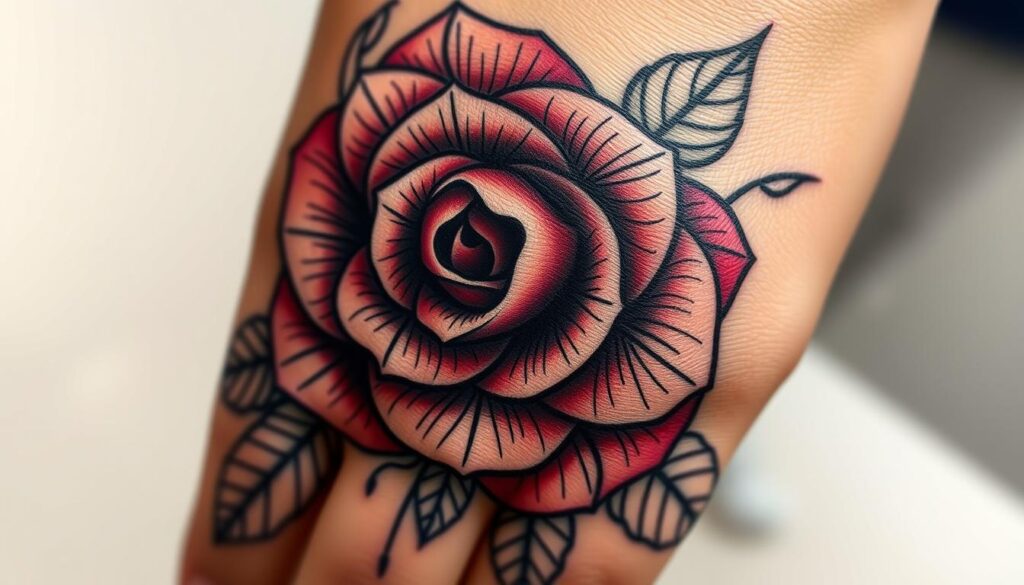 Generate an image of a beautiful rose hand tattoo with intricate details.