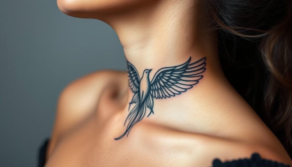 Generate an image of a bird or wing tattoo on the neck, emphasizing freedom and transcendence.