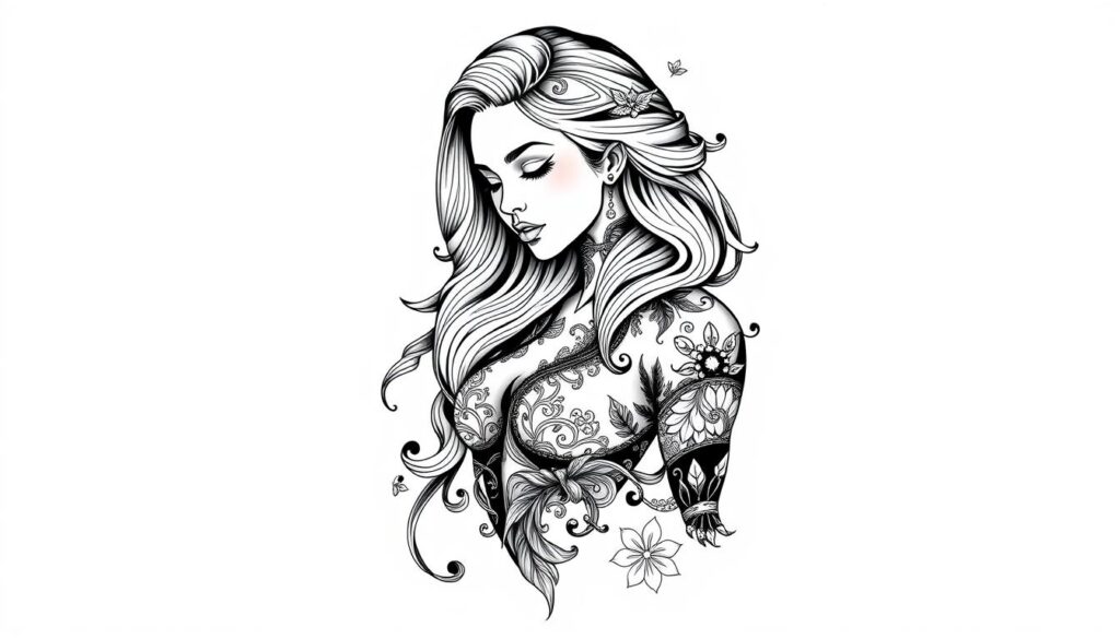 Generate an image of a blackwork naked girl tattoo design.
