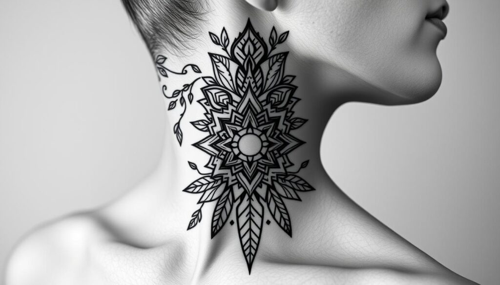 Generate an image of a blackwork neck tattoo design.