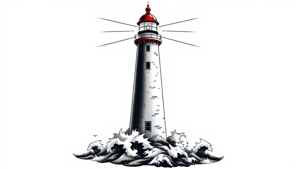 Generate an image of a bold, masculine lighthouse tattoo design.