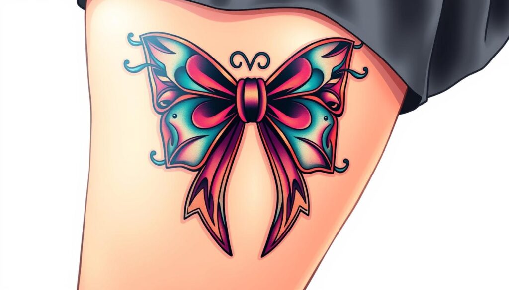 Generate an image of a bow thigh tattoo