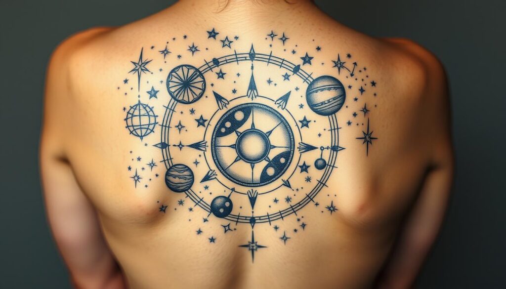 Generate an image of a celestial tattoo design on the back