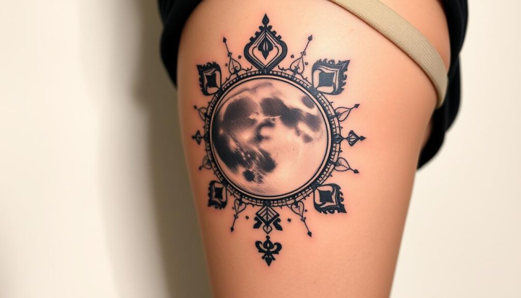 Generate an image of a celestial thigh tattoo featuring moon phases.