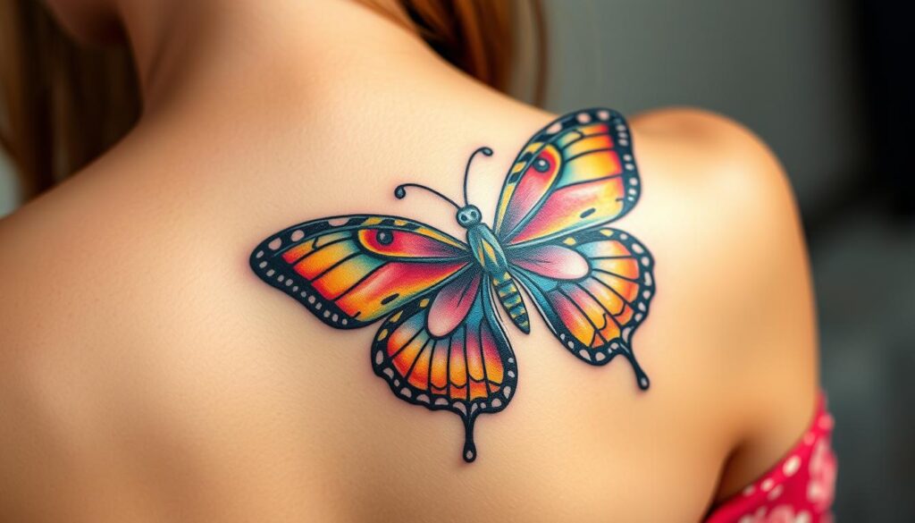 Generate an image of a colorful butterfly tattoo on a woman's shoulder.