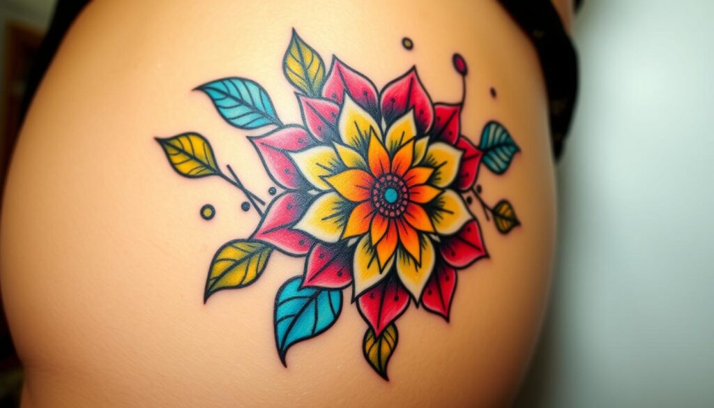 Generate an image of a colorful flower thigh tattoo