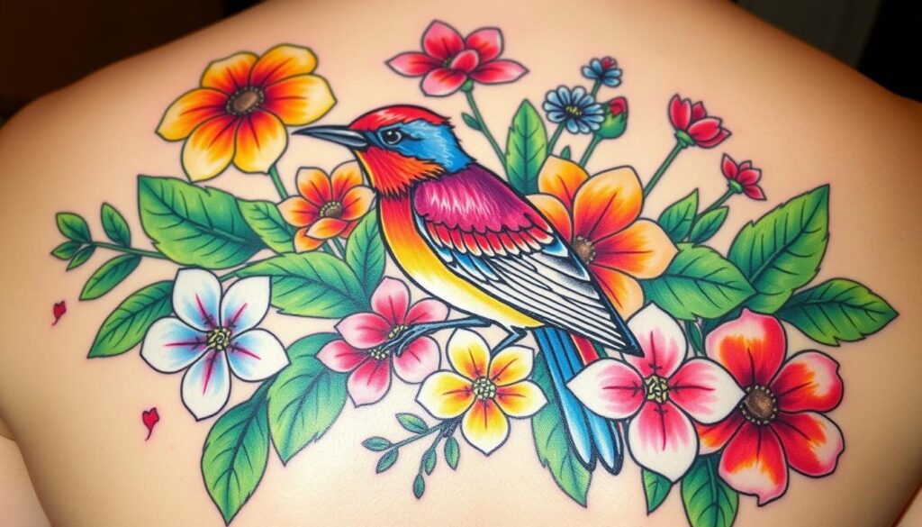Generate an image of a colorful tattoo design featuring a bird surrounded by flowers and leaves.
